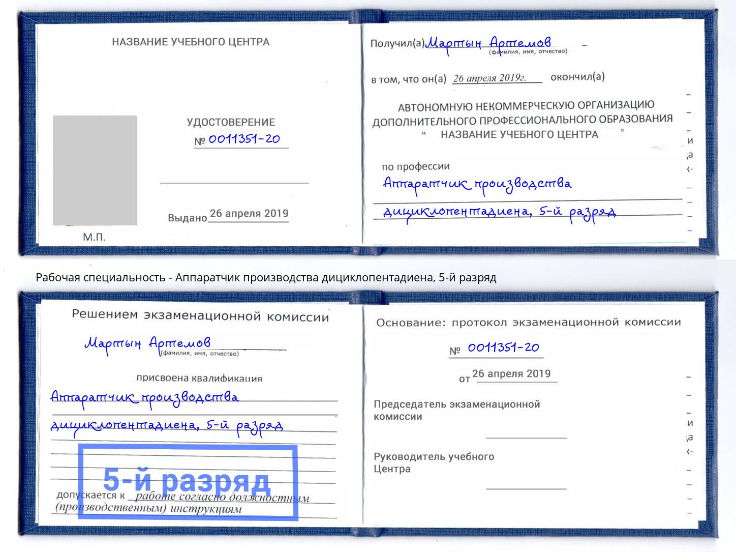 корочка 5-й разряд Аппаратчик производства дициклопентадиена Железногорск (Красноярский край)