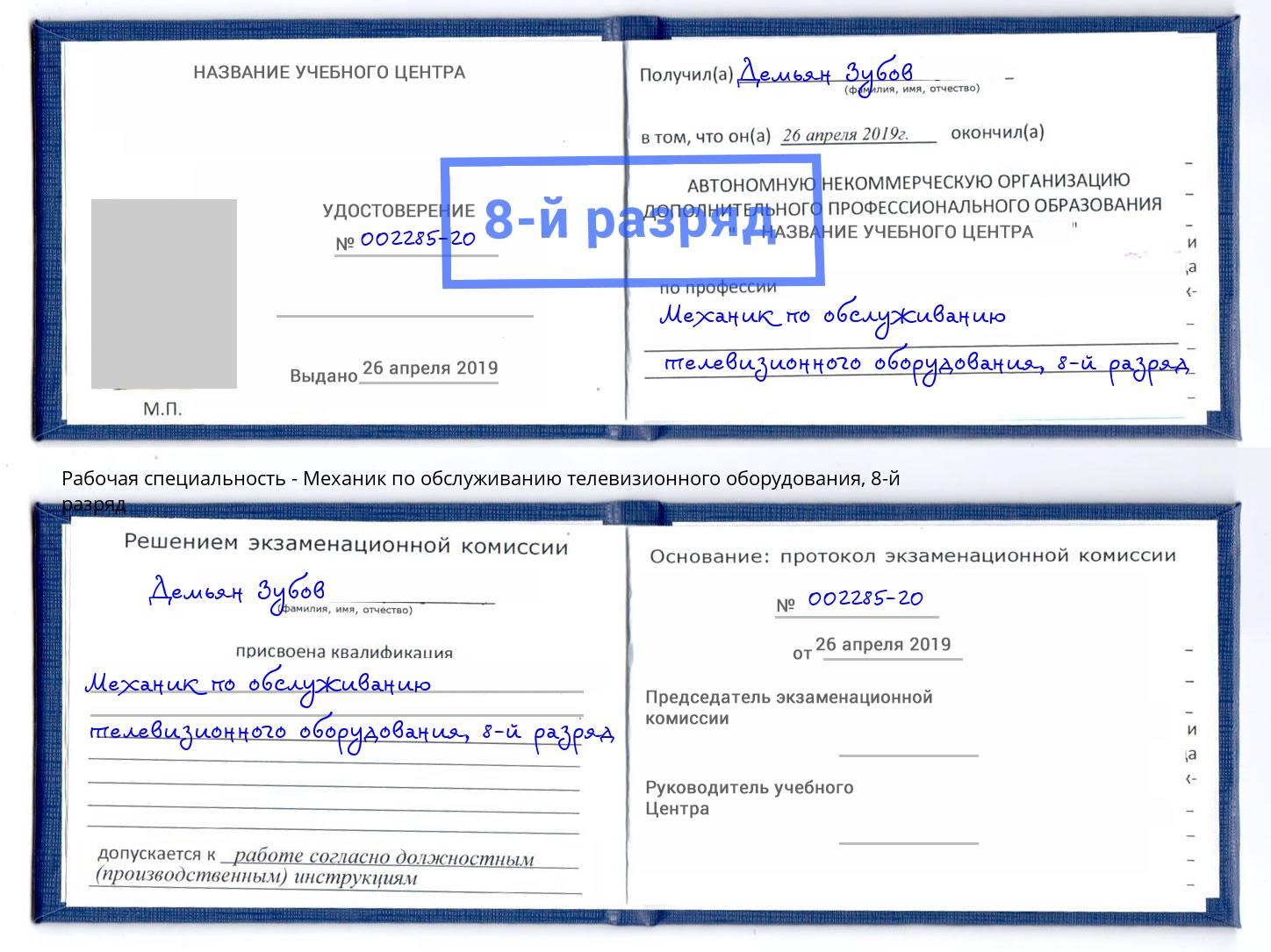 корочка 8-й разряд Механик по обслуживанию телевизионного оборудования Железногорск (Красноярский край)