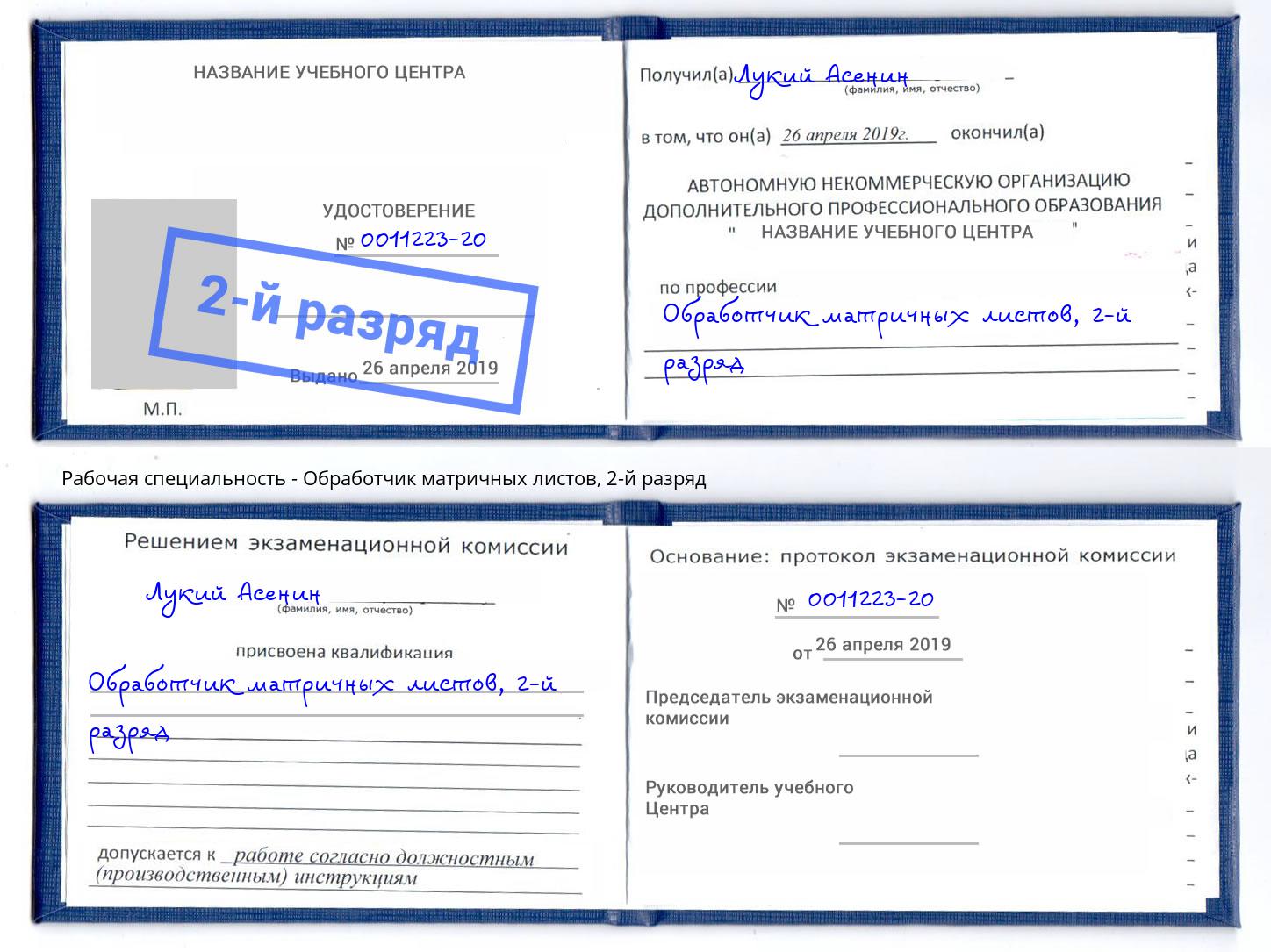 корочка 2-й разряд Обработчик матричных листов Железногорск (Красноярский край)